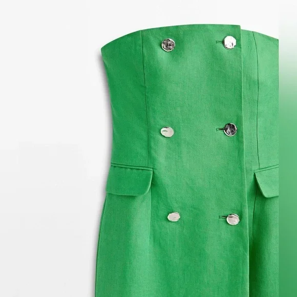 NWT. Massimo Dutti Studio Green 100% Linen Strapless Midi Dress. Size S.